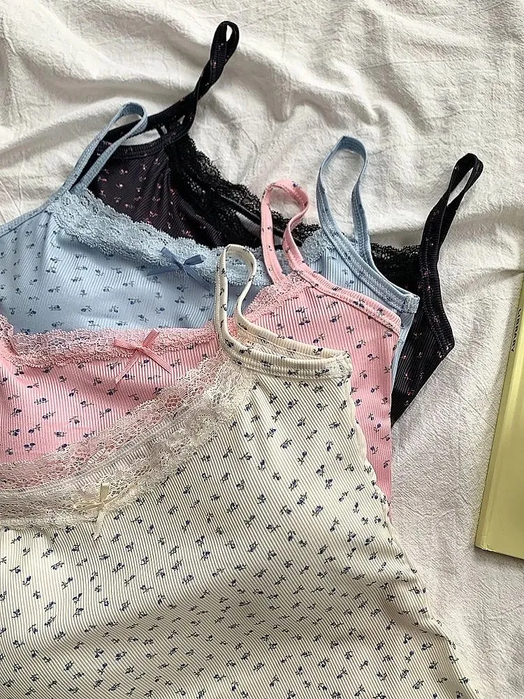 Elegant Lace Flower Print Slim Sexy Vest Floral Tops One Size Tank Spring Sweet Bowknot Style T-Shirt Casual Crop Top Summer — image 3