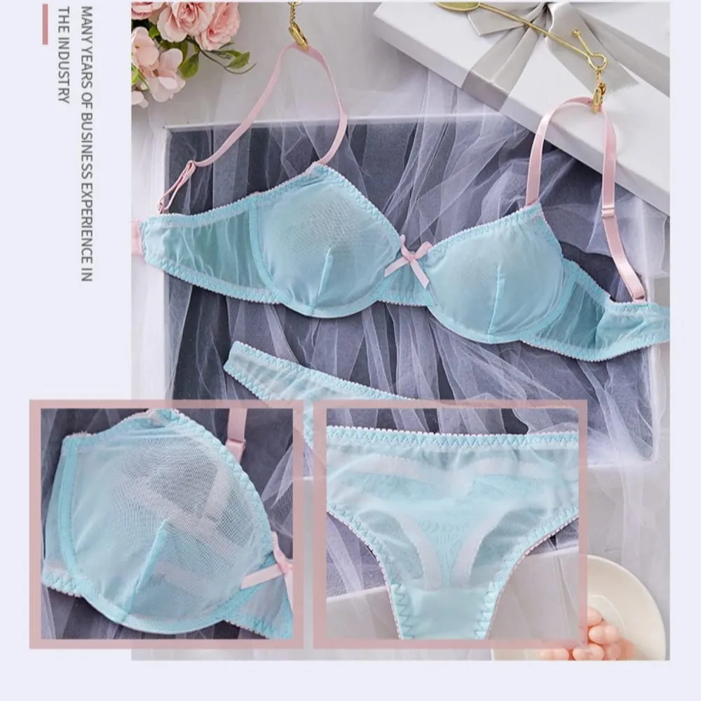 Blue Mesh Patchwork Splicing Thin Strap Strappy Semi Sheer Lightweight Lace Sexy Underwear Apparel Women Bra Briefs Lingerie Set — image 6