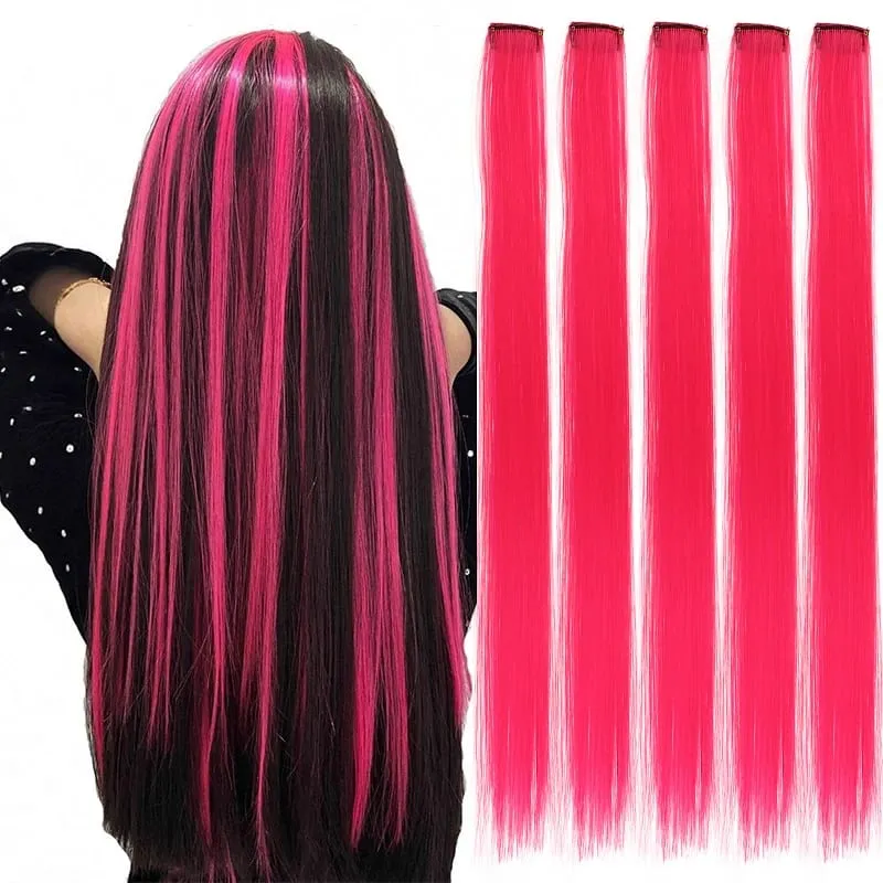 5 Pieces of Colorful Hair Clips 24 Inch Long Straight Fake Hair Clips Combined for Christmas Fashion Wig Pieces — image 2
