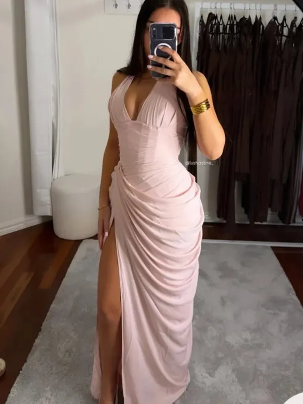 Elegante abito lungo pieghettato giallo senza spalline da donna Chic abito senza maniche solido in vita che stringe l'abito diviso 2026 abiti da sera da sera per donna — image 25