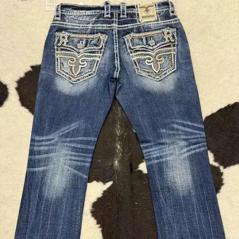 Retro trendy brand washed high elastic wide leg flared jeans Y2K summer blue embroidery American Gothic new fashion heavy street — image 9