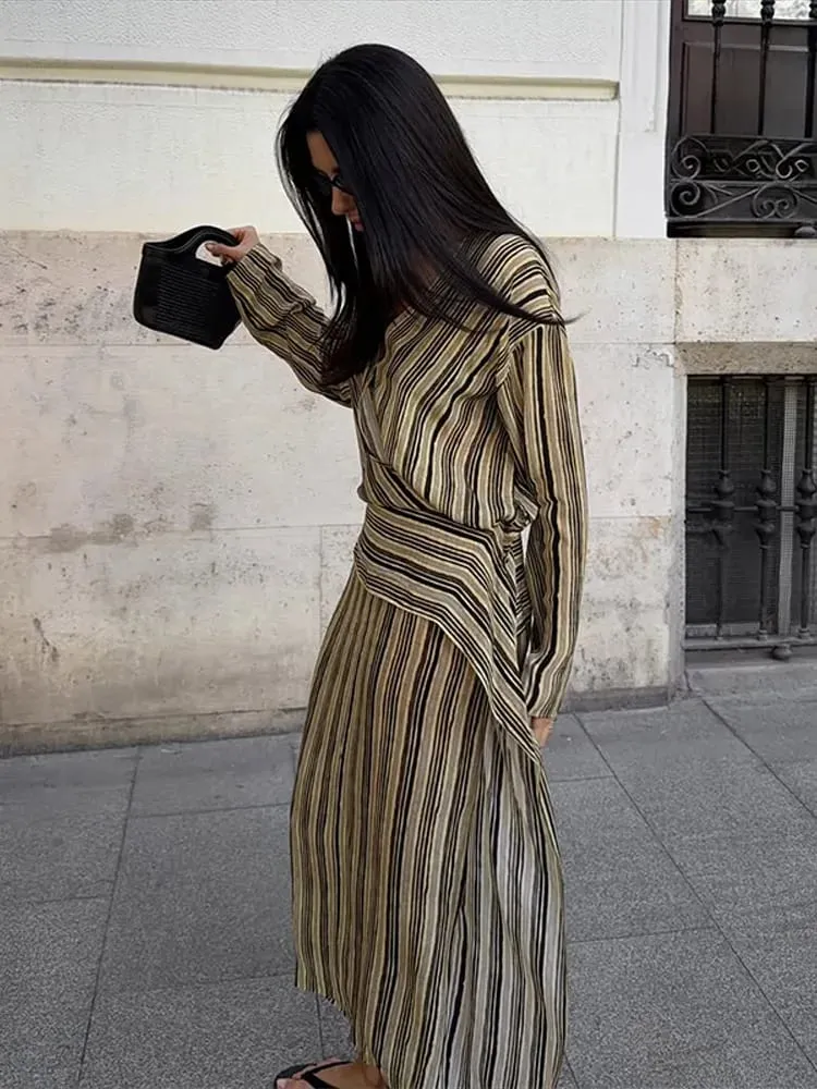 Casual Stripe Maxi Dresses Women Loose Full Sleeves Deep V-neck Ankle-length Dress 2026 New Ladies Summer Vacation Beach Outfit — image 4