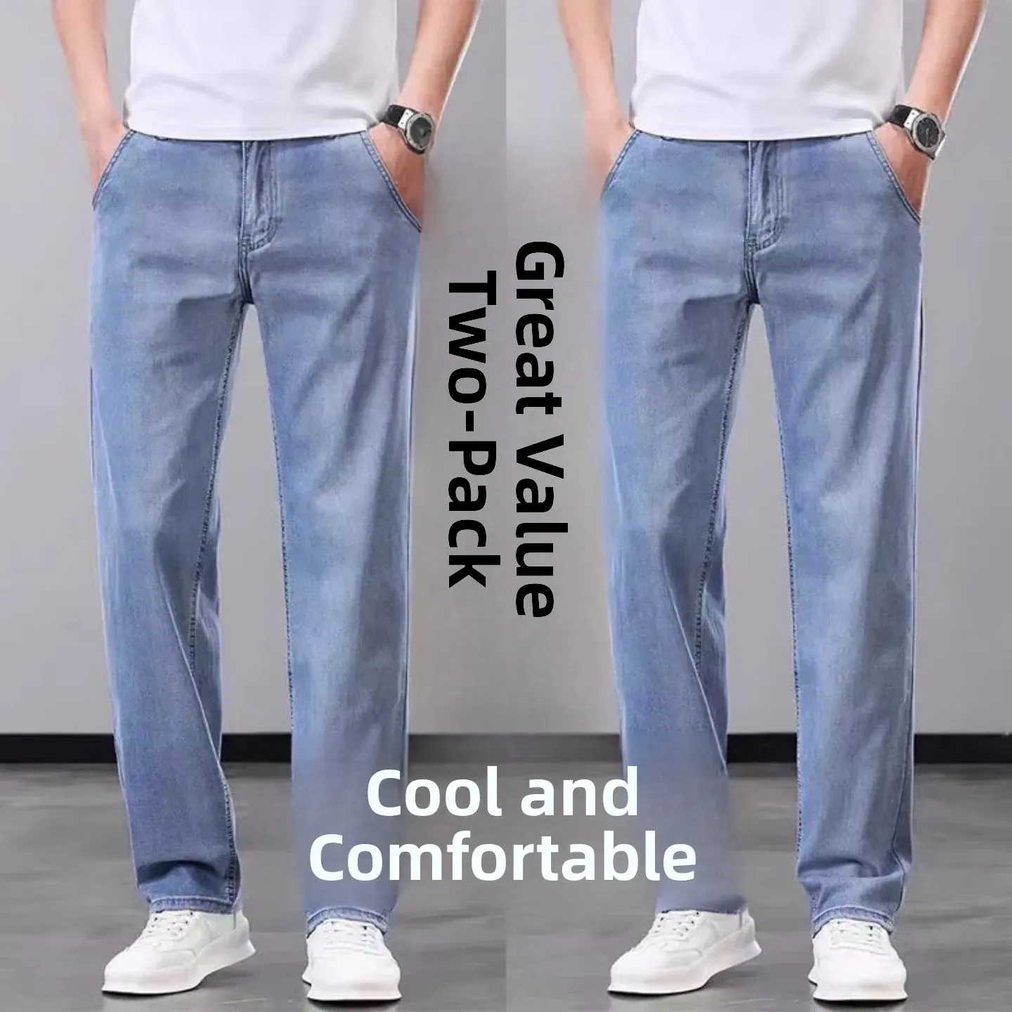 Summer Thin Wide Leg Pants Loose Fit Casual Ice Silk Jeans Men's Breathable Straight Cut Long Trousers Business Gentleman Style
