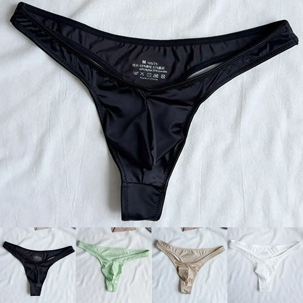 1pc Men Satin-like Glossy Ice Silk G-string Solid Low-Waist Shiny Smooth Thong Bulge Pouch Thong Thin Transparent Underwear — image 7