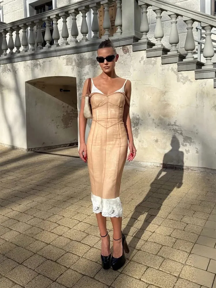 Women Lace Patchwork Sling Dress Mesh Midi Cover-up See Through Sleeveless Spaghetti Strap Dresses 2026 Summer Sexy Chic Wear — image 2