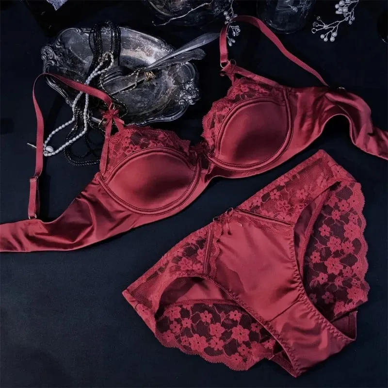 French Premium Satin Half Cup Lace Underwear Women's Thin Sexy Gathering Top Support Glossy Bra Set Big Breasts Small 32-38 Set — image 2