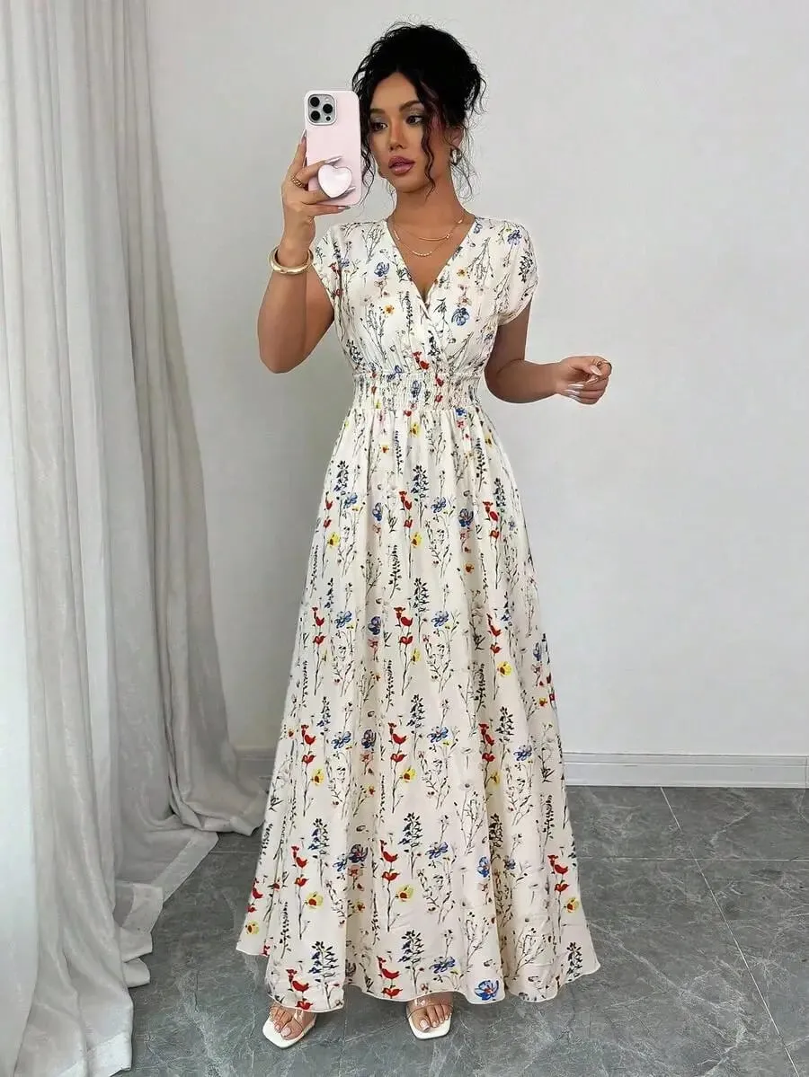 Women's Ditsy Floral V-Neck Sleeveless Waisted Maxi Dress — image 5