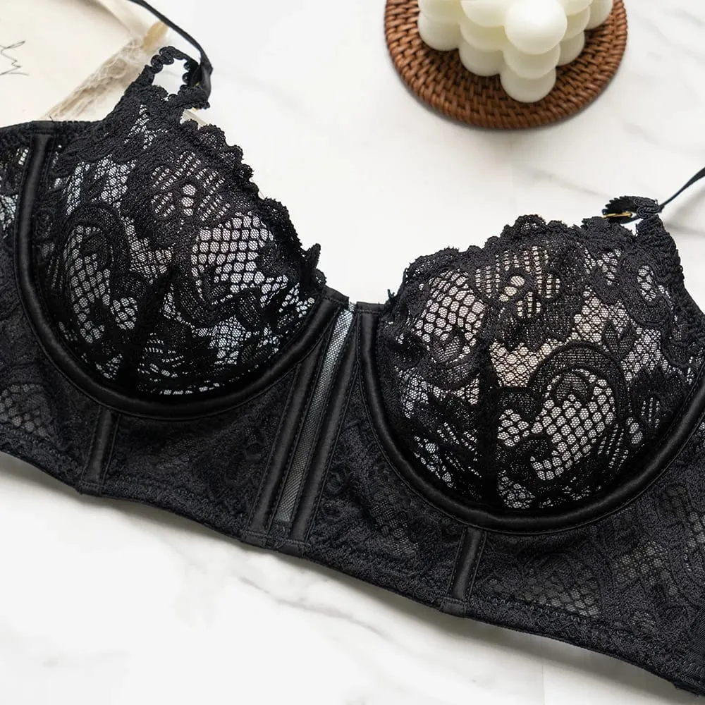 Women Vintage Black Floral Lace Lingerie Set Underwire Sheer Longline Bra And Panty 2‑Piece Gold Side Ring Detail Intimate Under — image 5