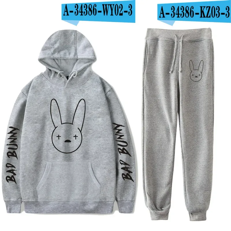 Harajuku Comfortable Funny bad bunny Print Sweatshirt Sweatpants Suit Men/Women Hoodies+ Trousers Suit Cute 2 Piece Set Clothes — image 43