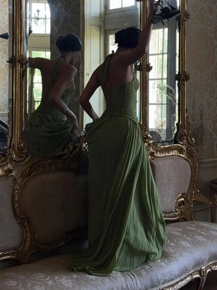 Green Chic Corset Halter Long Dress Women Solid Backless Off Shoulder Pleated Patchwork Slim Dresses 2026 Lady Party Gown New — image 4