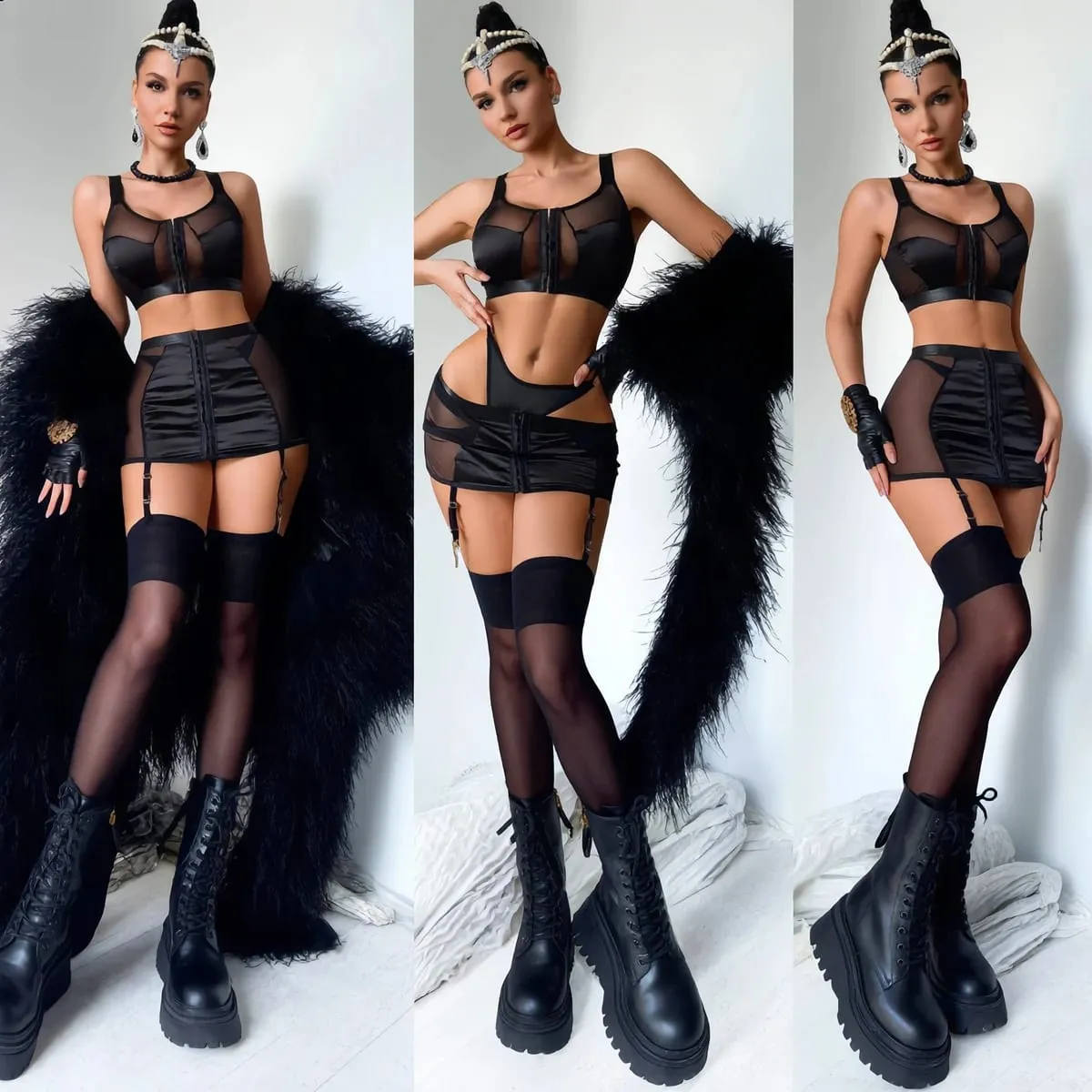 Diccvicc Black Satin Mesh Lingerie Set with Skirt Garter Belt Front Hook Crop Top Bra Lace Up Corset Back 3 Pieces Teddy Outfits — image 6