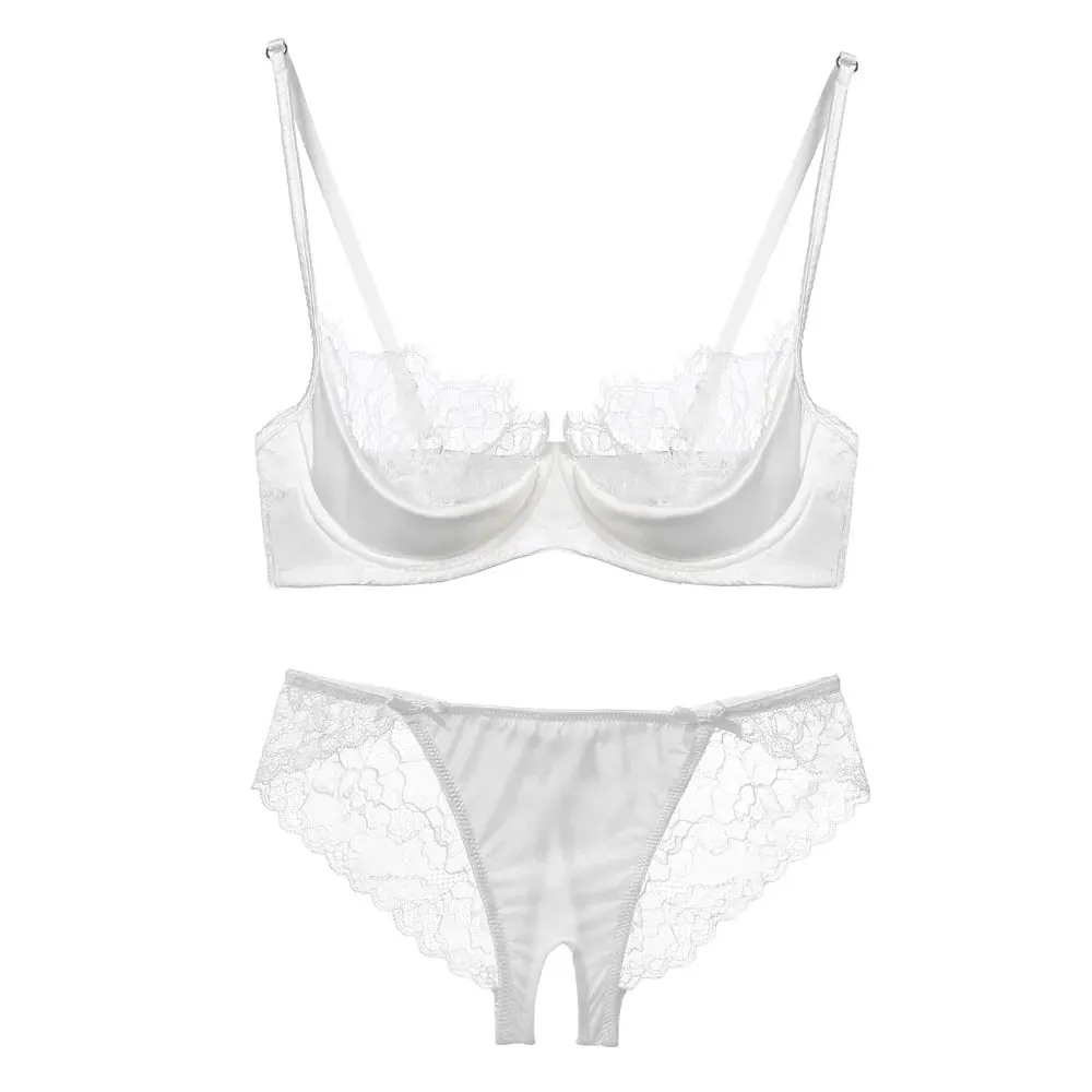French Lace Half Cup Lingerie Set Green Ultra Thin Sheer Soft Comfortable Underwire Bra For Small Bust Women 32‑38AB — image 4