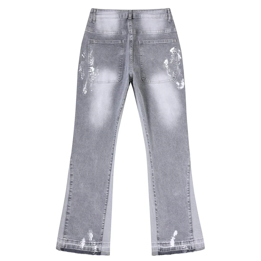 Men Painted Flared Denim Jeans Spliced Slim Boot Cut Pants Vintage Grey Cotton Released Hem Trousers