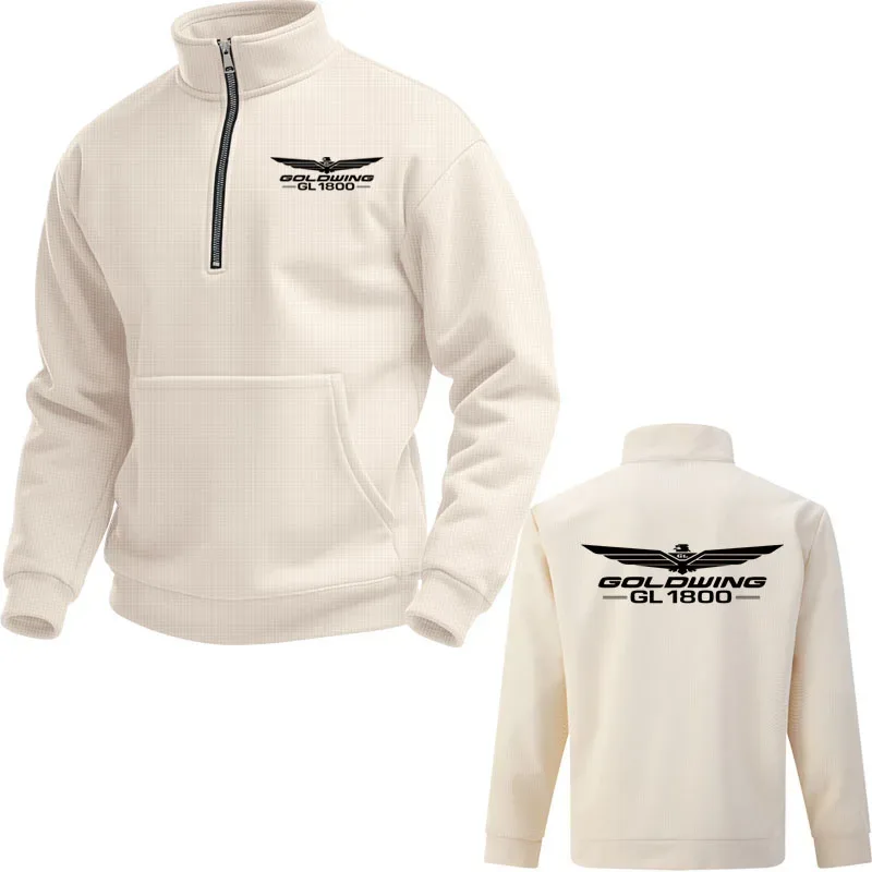2025 Solid color plus size Textured men's pullover top Gold Wing gl1800 print Loose comfortable Stand Collar Zipper Hoodies — image 4