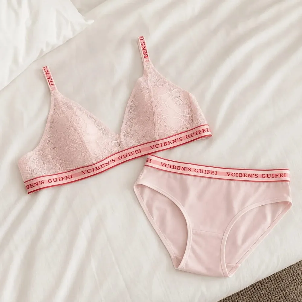 Comfortable Letter Design Lingerie Set Lace Wireless Women Underwear Suit Deep V Color Blocking Bra Panties Set Girl