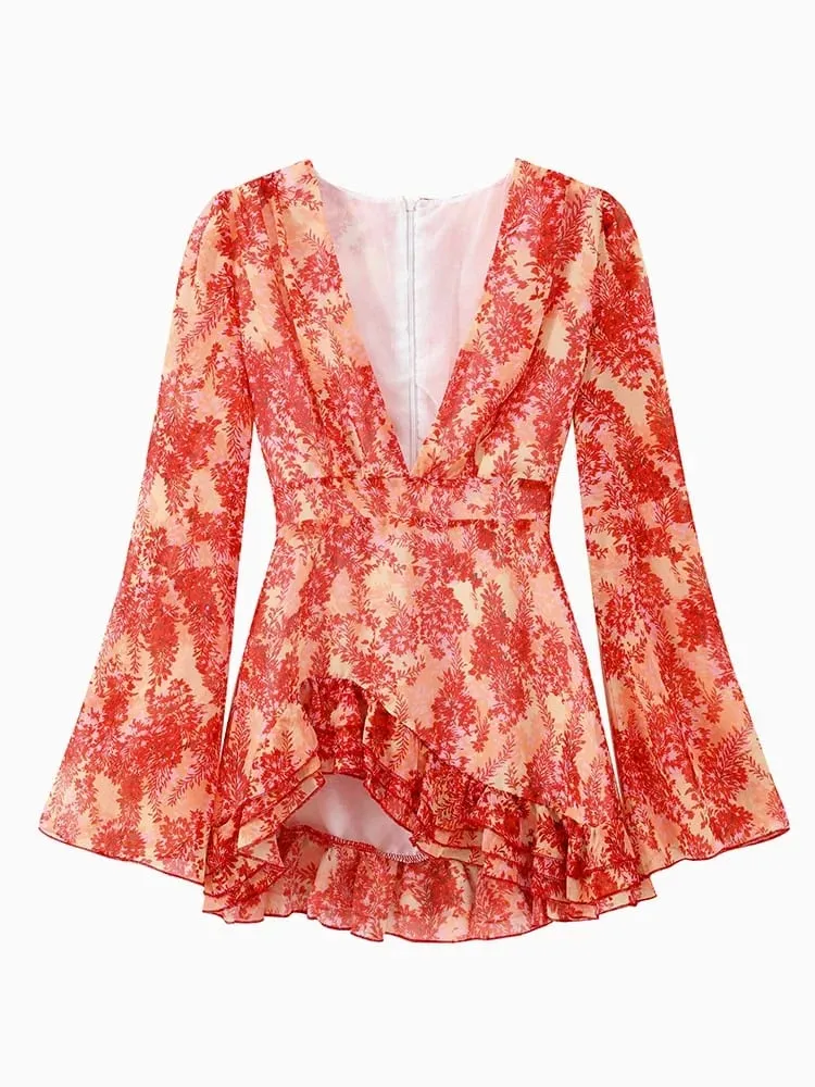Sexy Floral Printed Mini Dress Women V-neck Flared Sleeve Waist Cinching Ruffle Bodycon Vestido 2026 Lady Party Vacation Gowns — image 7