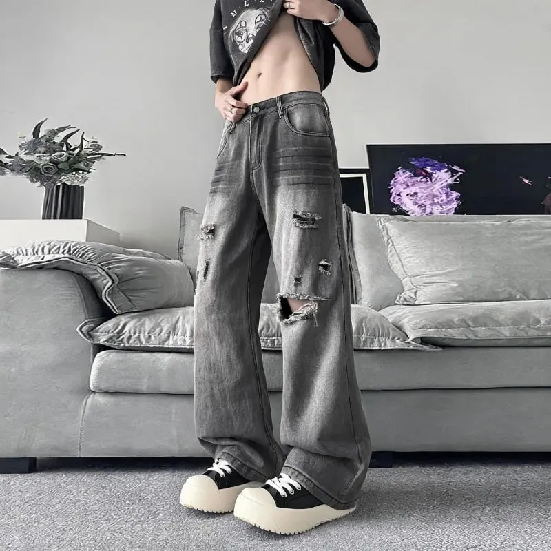 Summer Men's Distressed Denim Pants 2026 New Gray Washed Ripped Loose Straight Leg Casual Streetwear Jeans — image 2