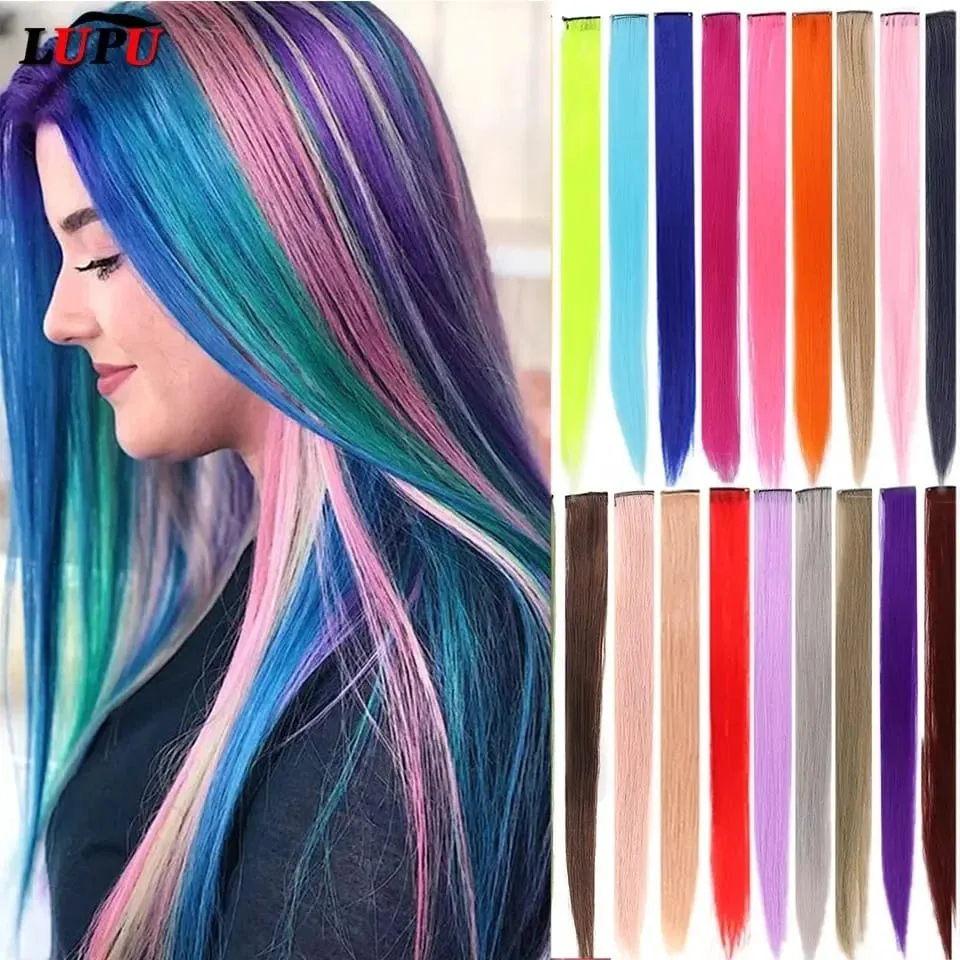 2026 Colored Highlight Hair Extensions 22 Inch Synthetic Rainbow Long Straight Hairpieces Purple Pink Blue for Women Girls Kids — image 3