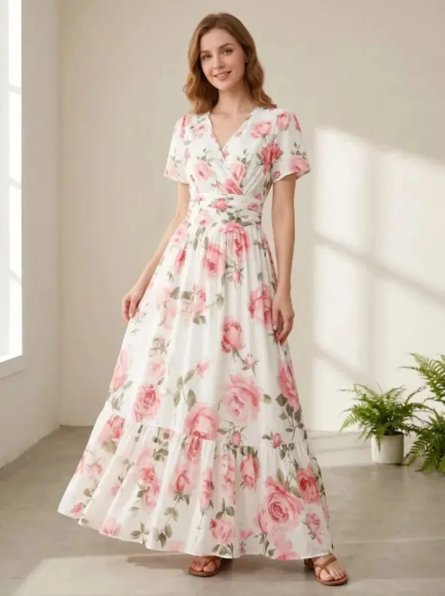 Elegant V-Neck A-Line Long Dress Soft Rose Print Summer Vacation Gown Women's Casual Maxi Skirt — image 1