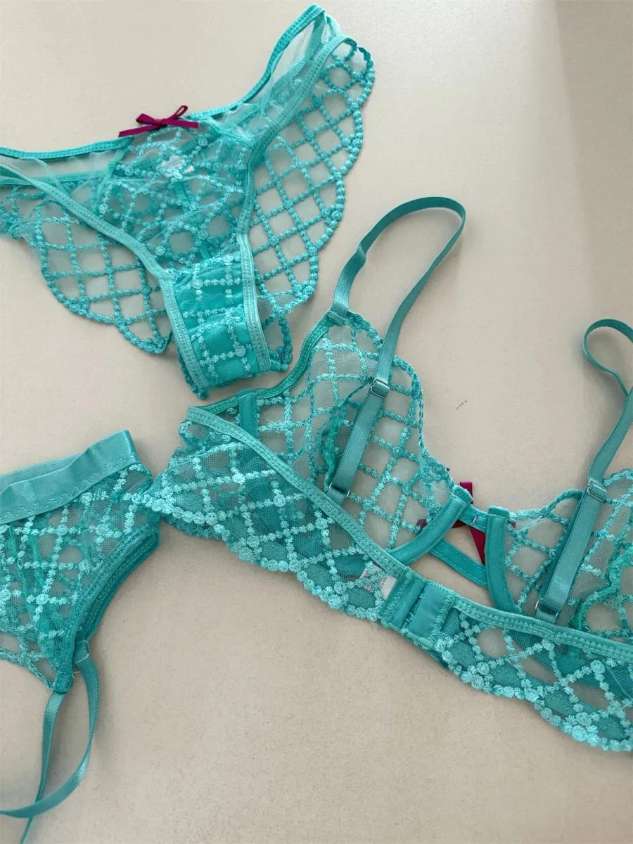 Ensemble de lingerie trois pièces bleu sirène, sous-vêtements fins à gros seins, soutien-gorge sexy en dentelle, soutien-gorge romantique respirant avec sous-vêtement — image 4