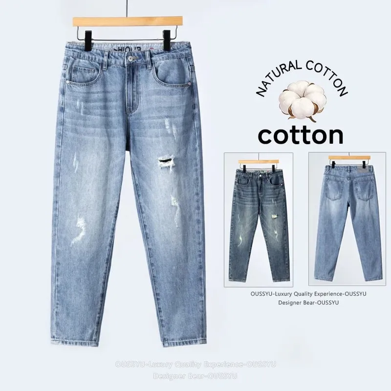 2026 Men's Spring Summer Ripped Hole Jeans Korean Style Straight Leg Casual Harem Denim Pants Distressed Washed Baggy Trousers