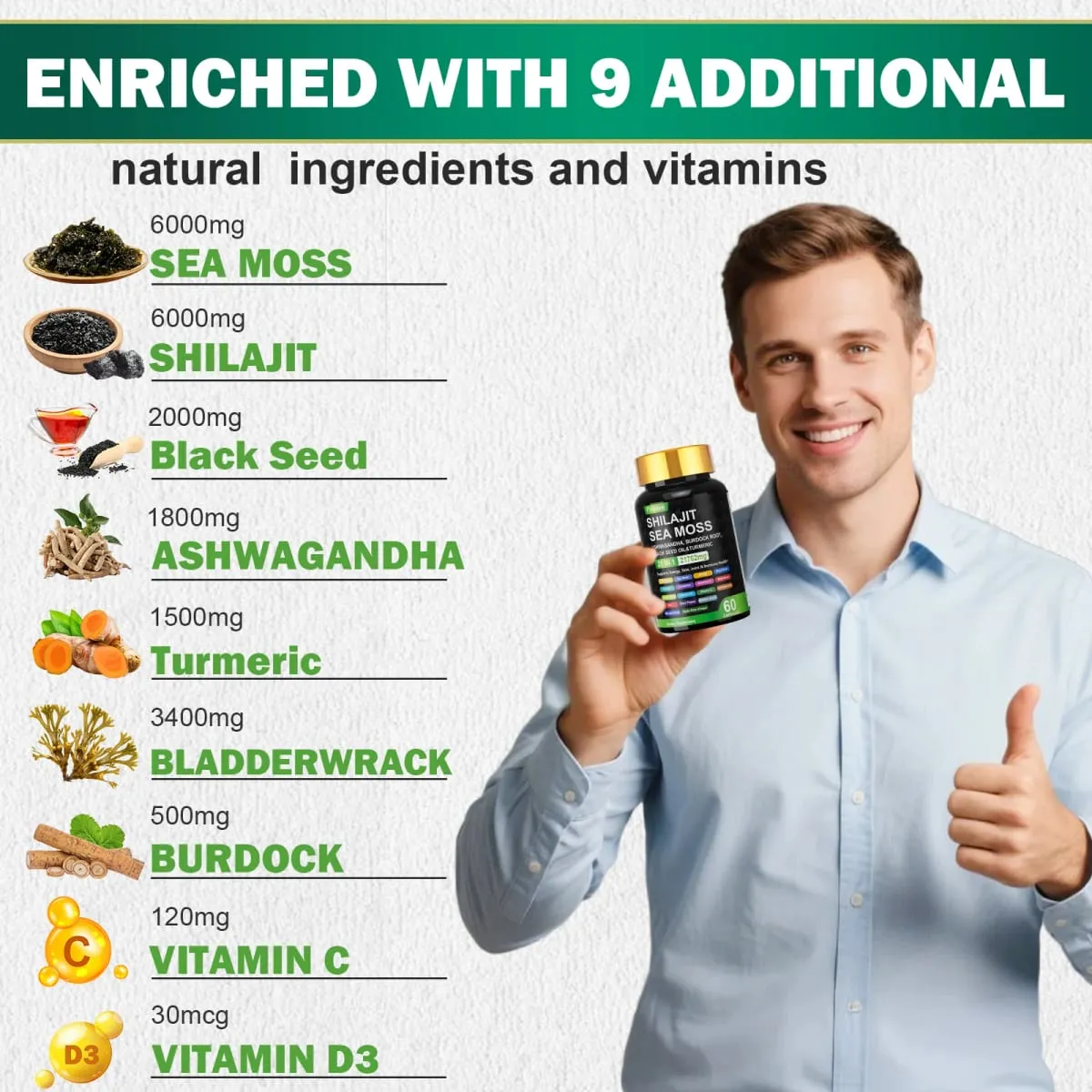 Sea Moss Shilajit Ashwagandha Sea Moss Capsule Supplement with Turmeric Burdock Root Bladderwrack Vitamin C Vitamin D3 Enhanced Immunity & Energy Black Seed Oil Capsule — image 5