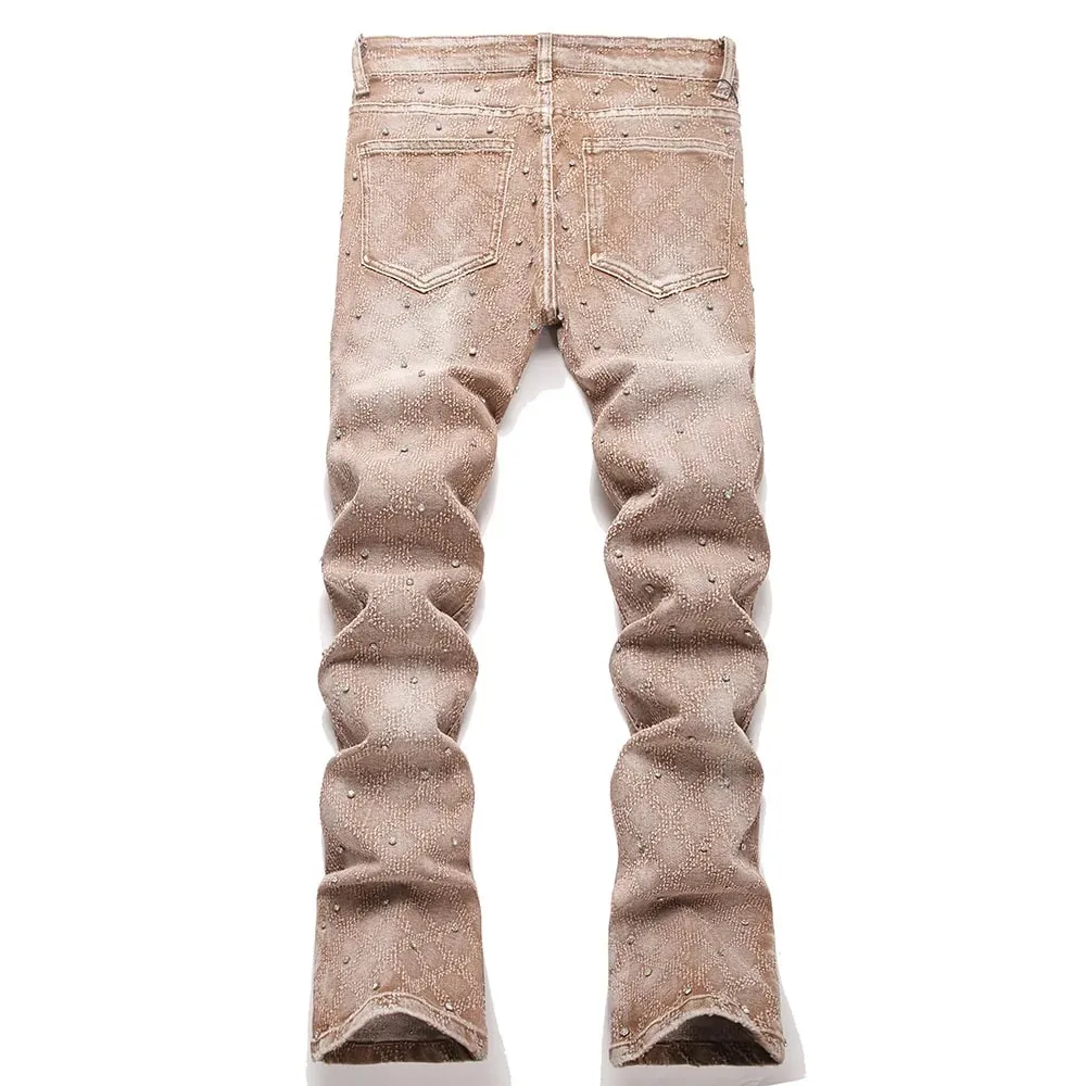 Men's Crystal Rhinestone Stretch Boot Cut Denim Jeans Punk Rivet Slim Flared Trousers Fashion Stretchy Pants — image 2