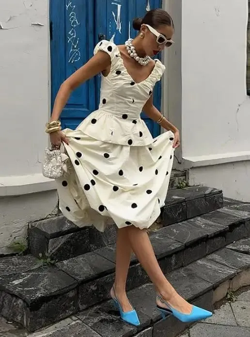 Retro Polka Dot Mini A-line Dress Elegant Stand Collar Puff Short Sleeve Waist-cinching Dresses 2026 New Lady Party Gowns — image 11