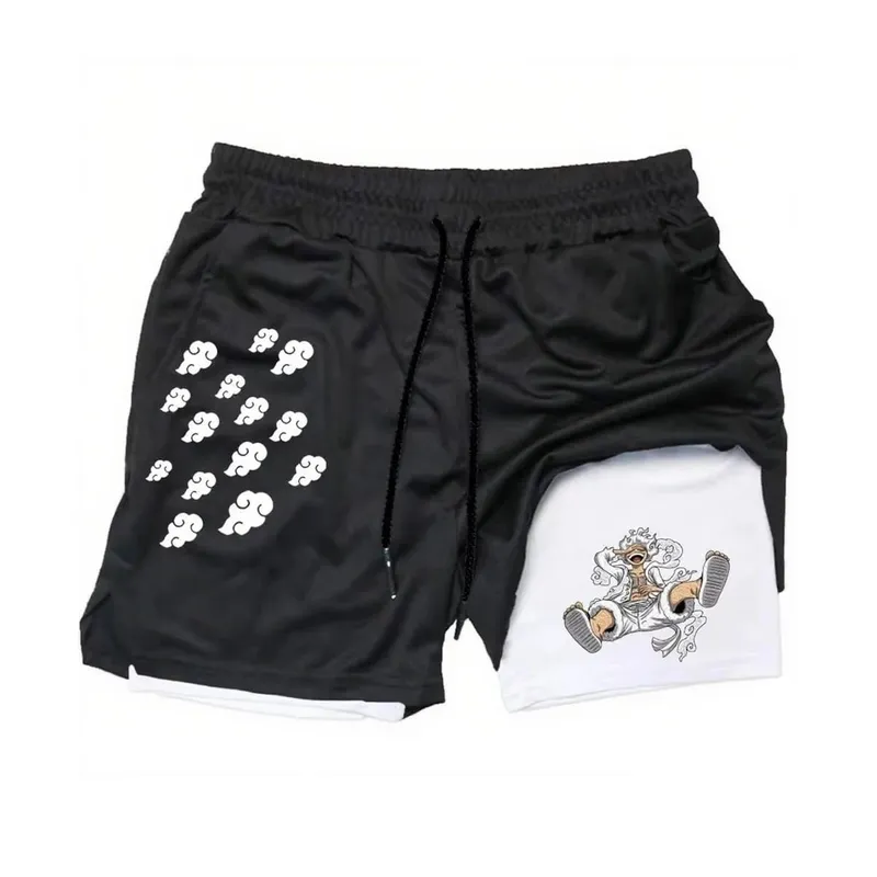 Anime One Piece Men's Shorts Quick-dry Double Layer 2-in-1 Pants Summer Graphic Print Workout Training Fitness Sports Gym Shorts