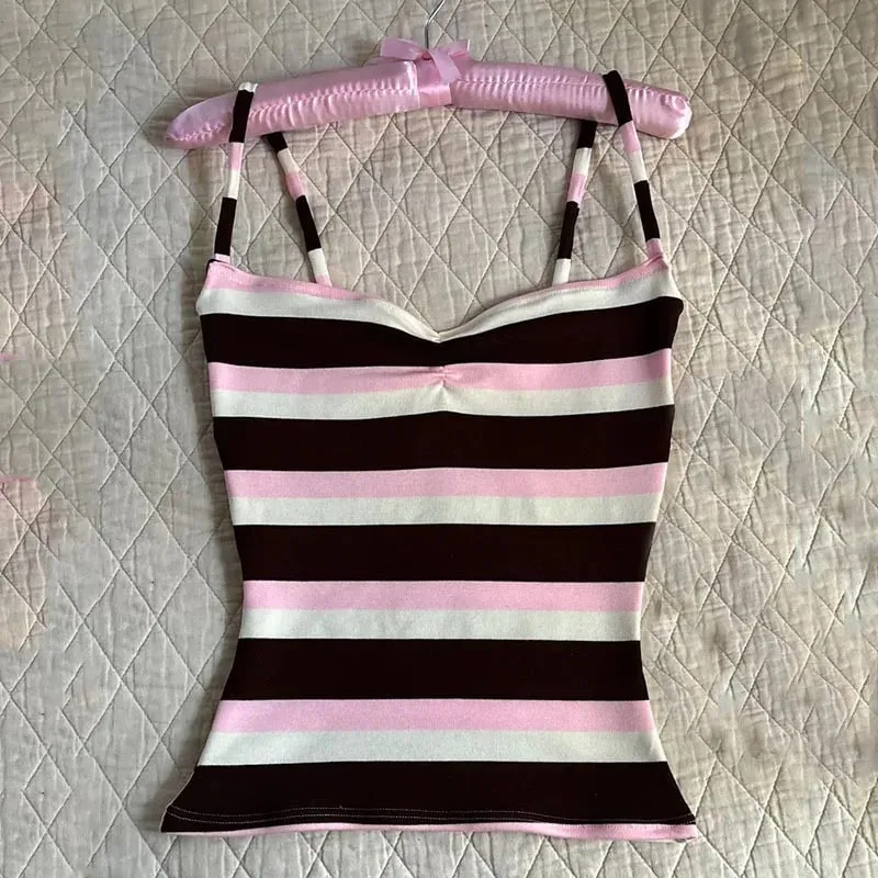 Color Block Stripe Twist Front Spaghetti Strap Cami Top Slim Fit Y2K Sweet Summer Sleeveless Tank Top