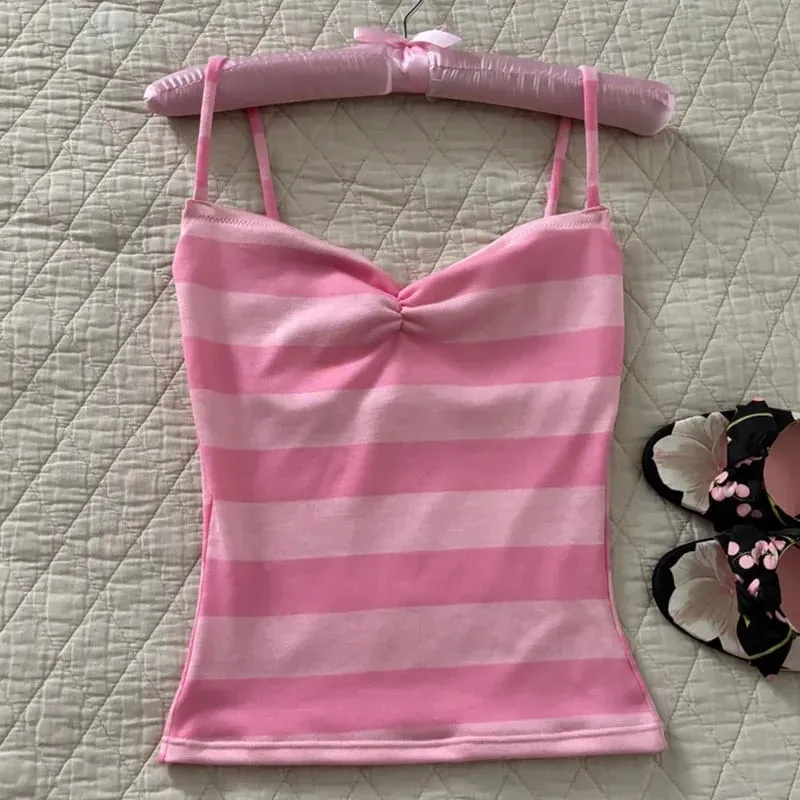 Color Block Stripe Twist Front Spaghetti Strap Cami Top Slim Fit Y2K Sweet Summer Sleeveless Tank Top