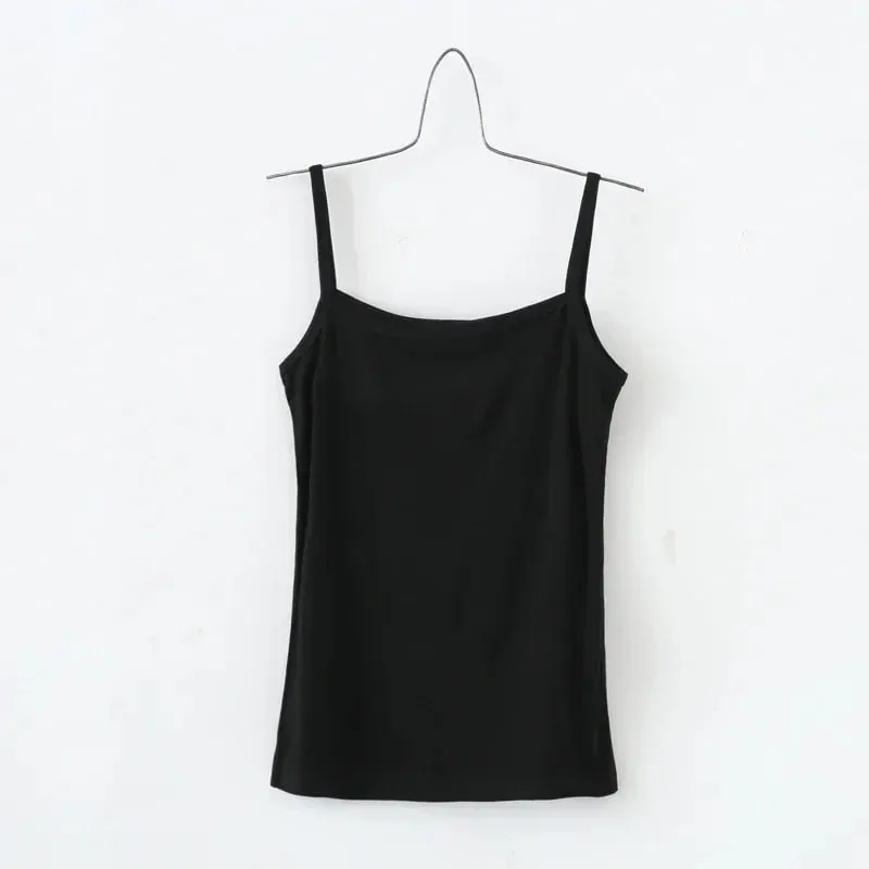 Women's Solid Color Spaghetti Straps Sleeveless Slim Camisole with Chest Pad Cotton Summer Wear Outside Female Short Tops Vests