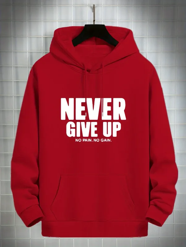 Men'S Hoodie Never Give Up Print Casual Fleece-Lined Pullover Kangaroo Pocket Stylish Streetwear Fall Casual Wear Hoodie — image 6