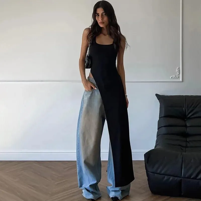 Sexy sleeveless side high slit dress solid color back free women's MIDI dress summer party club streetwear y2k