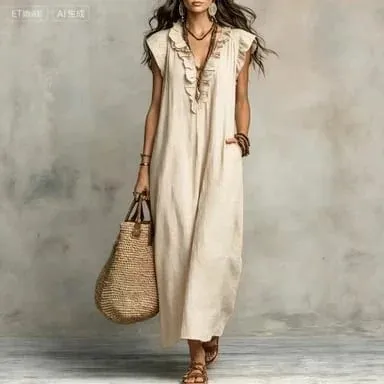 2026 Summer Women Boho Cotton Linen Maxi Dress Solid Color Ruffle V Neck Sleeveless Loose Long Dresses With Pockets Casual Beach