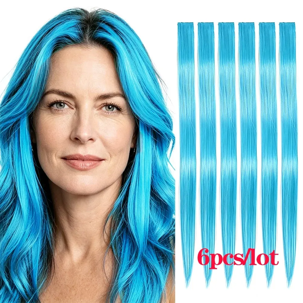 6 Pcs Synthetic Bright Cyan Clip In Hair Extensions Straight Colored Highlight Hair Streaks Heat Resistant Synthetic Fiber