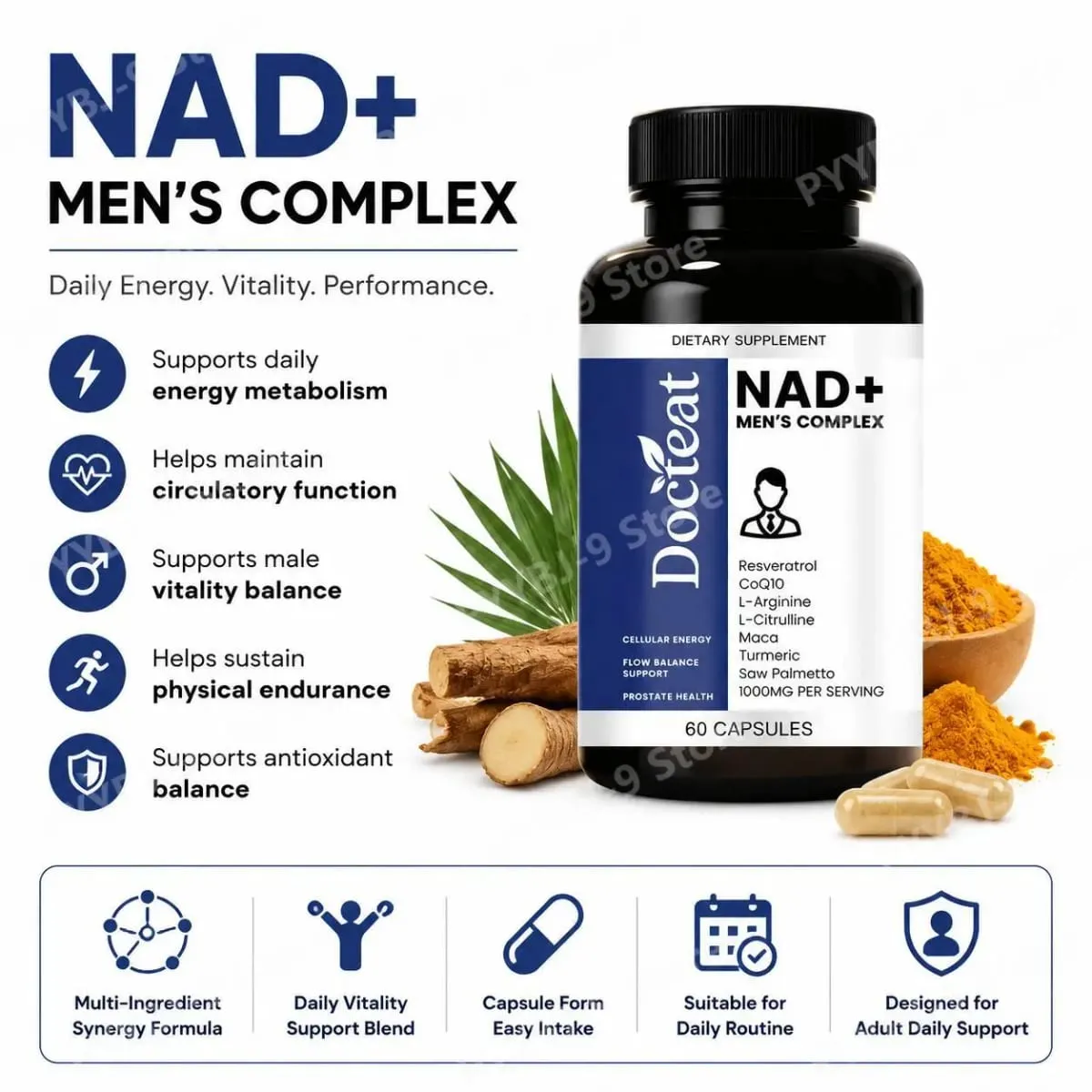 Docteat NAD+ Men's Complex Capsules for Daily Energy Metabolism and Circulatory Support Male Vitality Balance 60 Capsules — image 2
