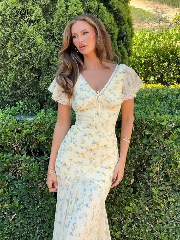 Y2k Floral Print Women's Long Dress Elegant Ruffle V-neck Cap Sleeve Summer Dresses 2026 Female Casual Vacation Party Outfit — image 1