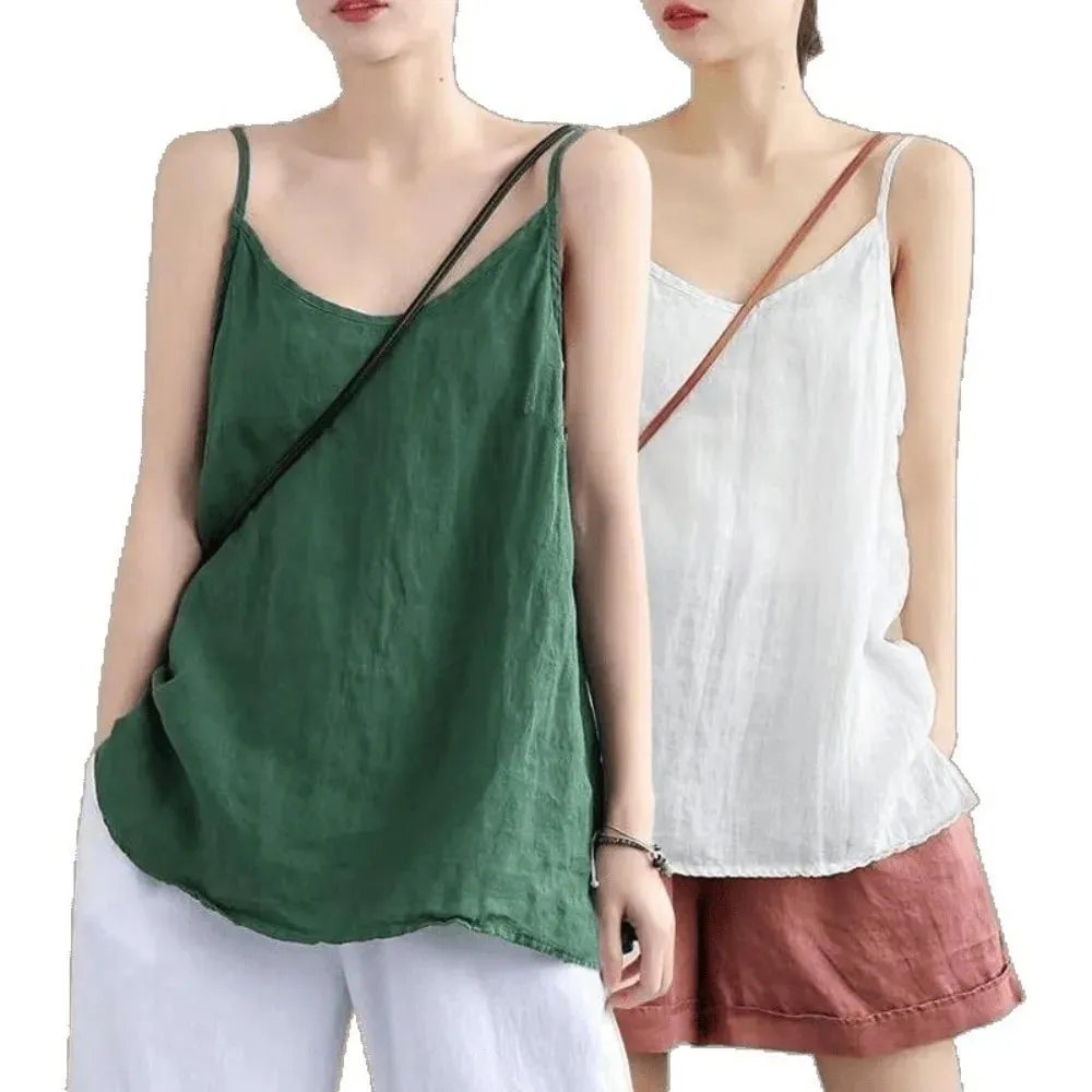 Basic Cotton Linen Spaghetti Strap Top V Neck Sleeveless Sleeveless Tank Top Loose Fit Breathable Camis Top Summer Wear — image 2