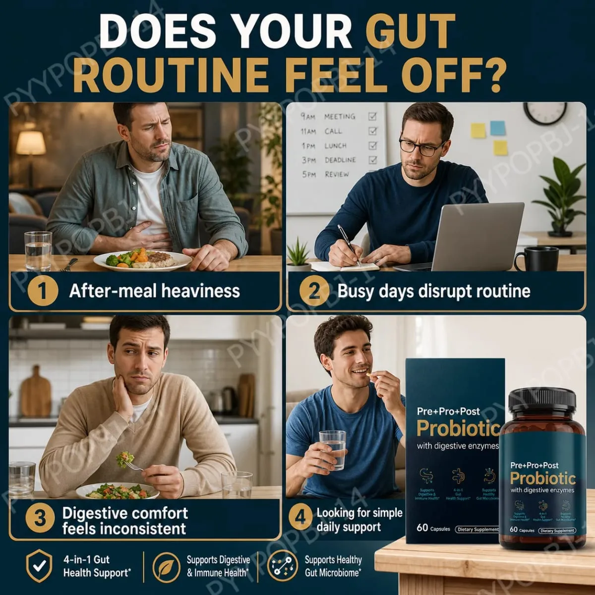 Premium 4-in-1 Probiotic Prebiotic Postbiotic Digestive Enzymes for Men&Women Supports Gut Digestion Immunity 60 Capsules — image 3
