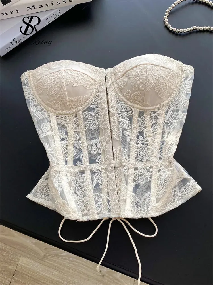 Floral Embroidery Sexy Club Top Female Strapless Slim Corset Backless Tank Top French Lace Up Basics Sheer Camisole — image 10