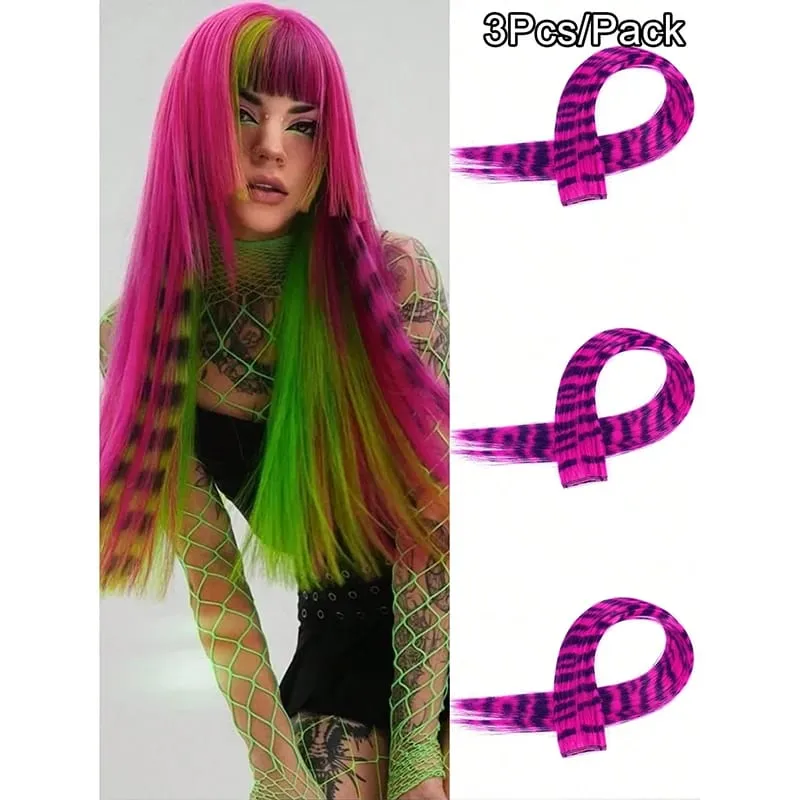 3Pcs Leopard Print Hair Extensions Synthetic Stripe Printed Hair Piece Colorful Long Straight Clip In Hair For Women Girls Party — image 11