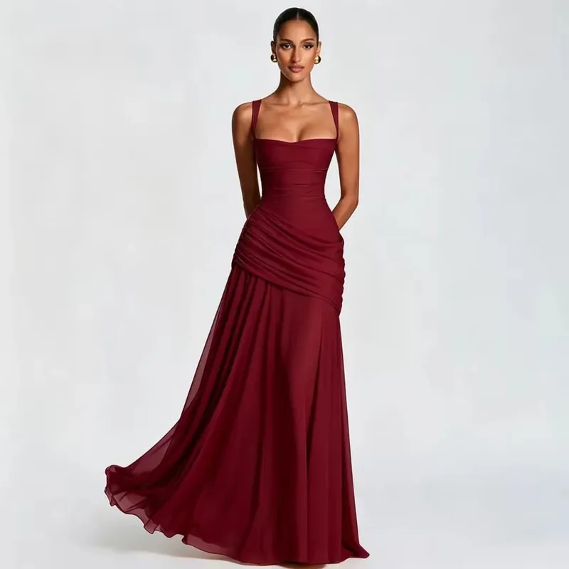 Sexy Solid Pleated Sling Dress Women Elegant Square Neck Sleeveless Waist-cinching Maxi Dresses 2026 New Summer Lady Party Robe