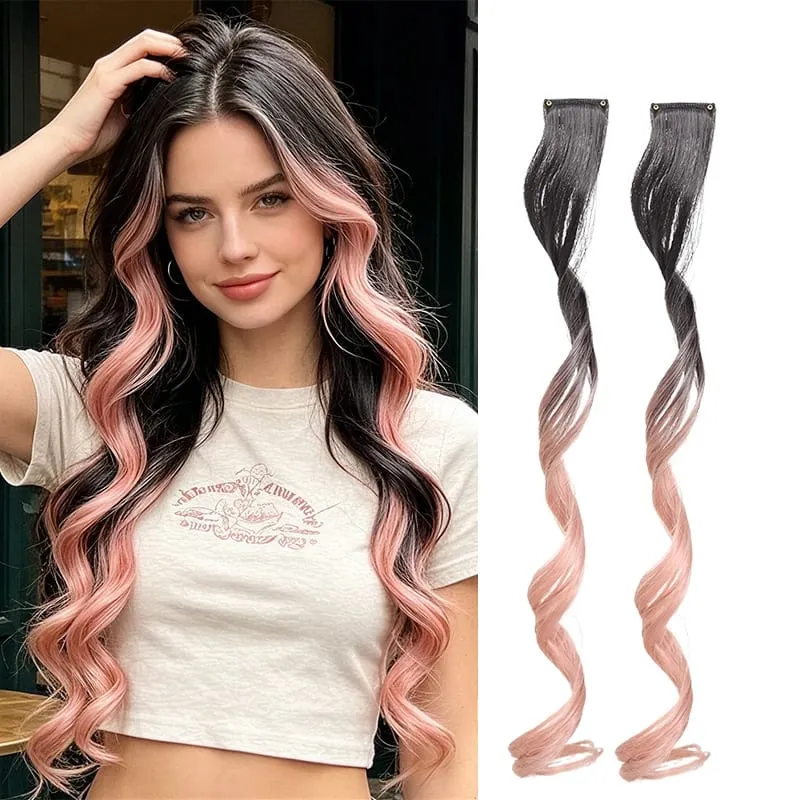Gradient Wave Clip - in Hair Extensions 2pcs Synthetic Fiber Color - Blocked Tassel Ear - Side Dyeing for Daily Party Cosplay