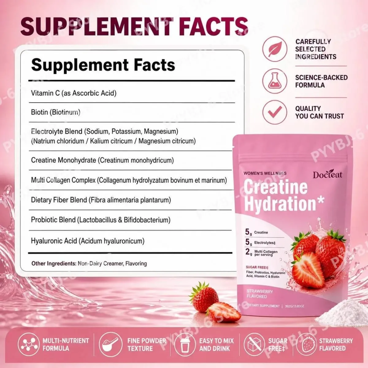 Docteat Creatine Powder Electrolytes Collagen Vitamin C Biotin Sugar Free Strawberry Flavor Women Fitness Wellness 30 Servings — image 3