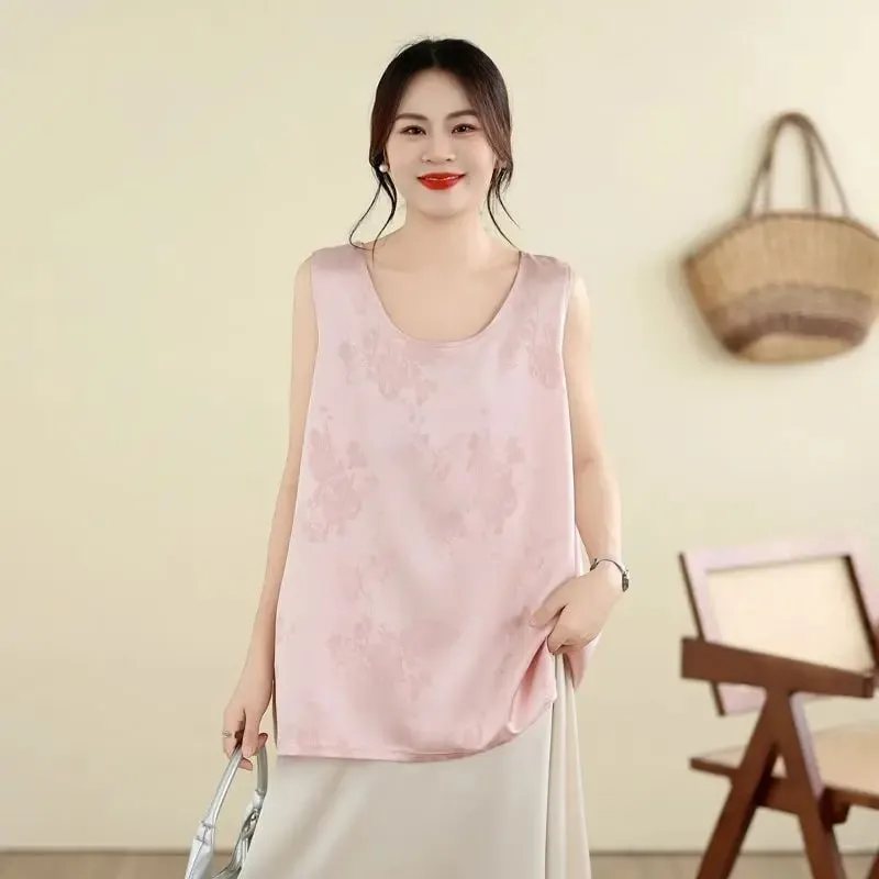 New Chinese Style Jacquard Satin Tank Top Middle Aged Women Loose U Neck Sleeveless Blouse Elegant Acetate Vest For Moms — image 10