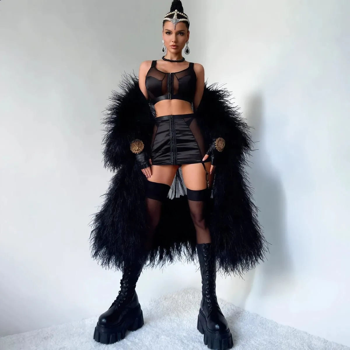 Diccvicc Black Satin Mesh Lingerie Set with Skirt Garter Belt Front Hook Crop Top Bra Lace Up Corset Back 3 Pieces Teddy Outfits — image 2