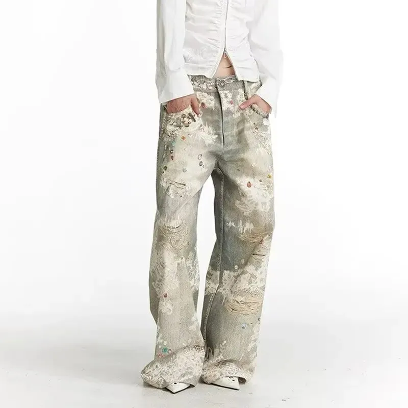 Mens Jeans Vintage Digital Print Distressed Denim Pants Harajuku Unisex Straight Leg Loose Fit Casual Streetwear Fashion Trend — image 3