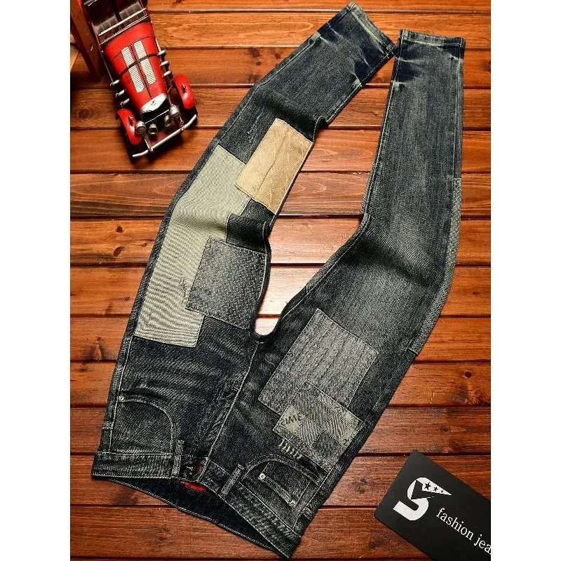 Retro and nostalgic patchwork design jeans for men trendy and fashionable street men's clothing slim fit small foot long pants — image 2