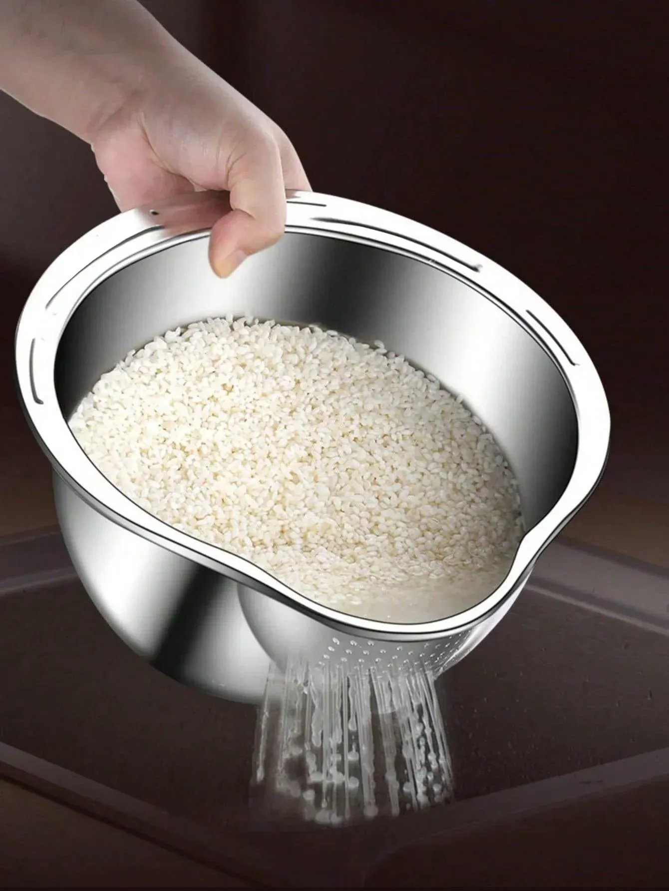 Stainless Steel Rice Washing Bowl with Drain Holes 2-in-1 Vegetable Fruit Strainer Colander Basket for Kitchen Sink — image 8